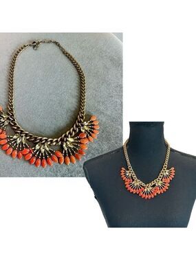 STELLA & DOT Coral Cay Orange Enamel Rhinestone Crystal Bib Statement Necklace